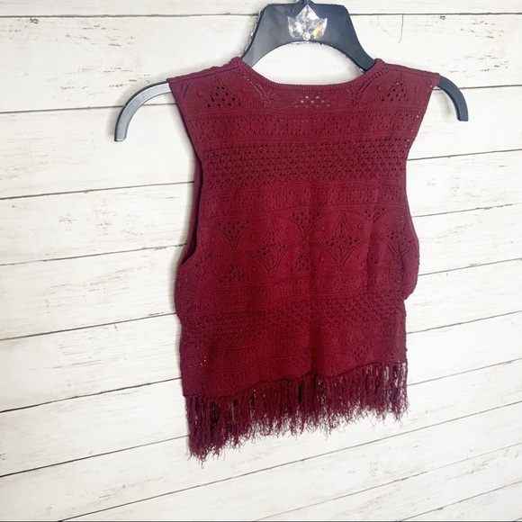 A.L.C. Maroon Knit Fringe Sheer Boho Crop Top Blouse Size Small - Picture 3 of 10